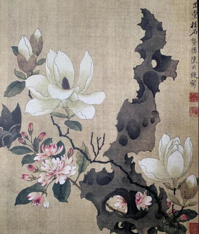 花鸟画发展到元明,不再像之前晕染得那么细腻工致了,明代陈洪绶的工笔