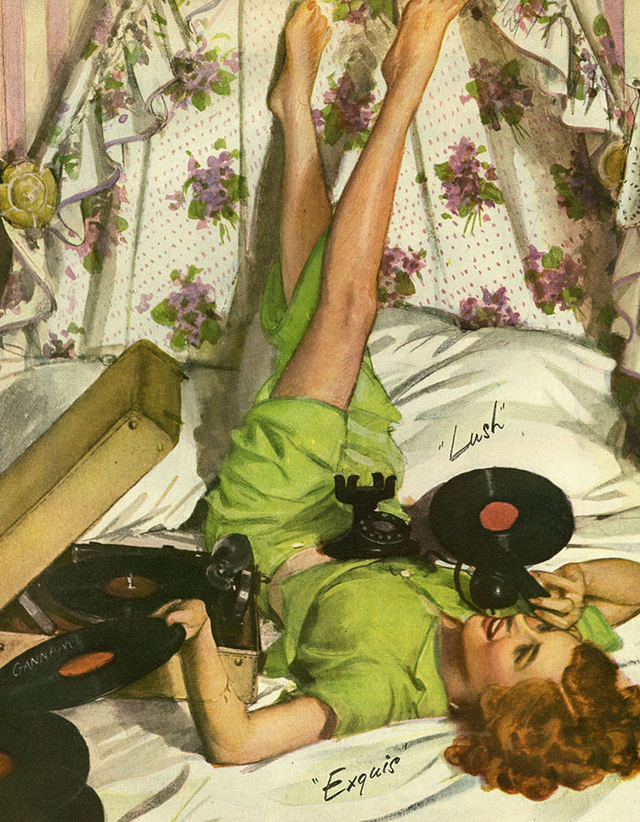 图10，在1945年的杂志广告中，黑胶唱片是年轻女郎的时髦生活标配之一.png