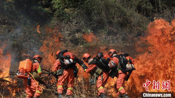图为3月2日，云南森林草原火灾应急处置联合实战演练中常规装备灭火。　云南省森林消防总队 摄