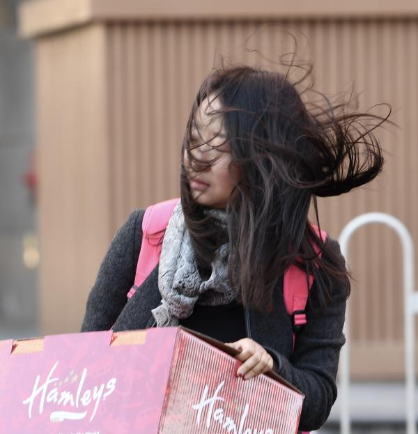 一位女士头发被风吹得快要挡住了视线